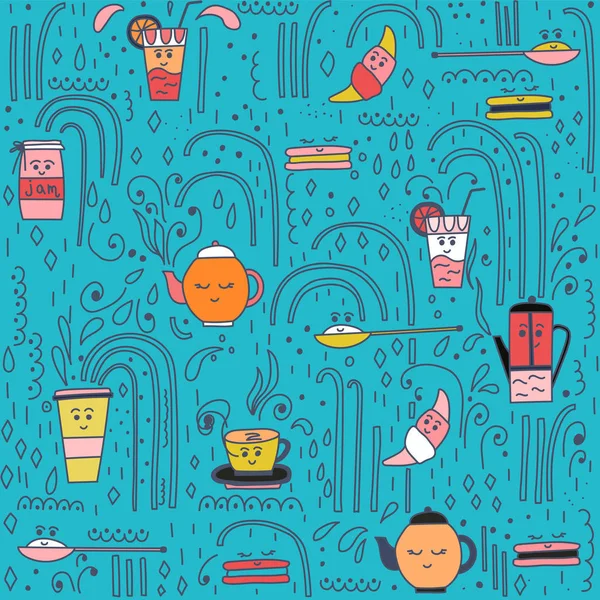 Doodles Herbaty Kawy Deserów Ręcznie Rysowany Szkic Projektowania Menu — Wektor stockowy