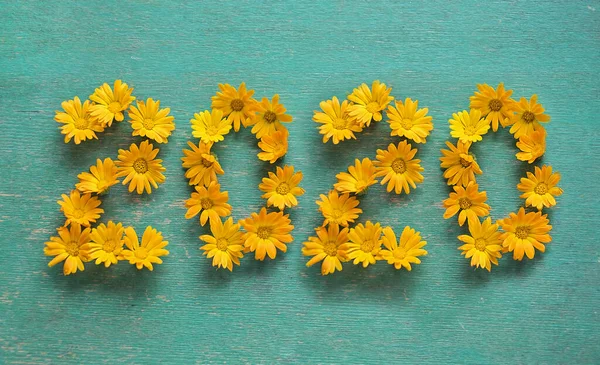Nuevo año 2020 hecho de flores amarillas sobre el fondo azul —  Fotos de Stock