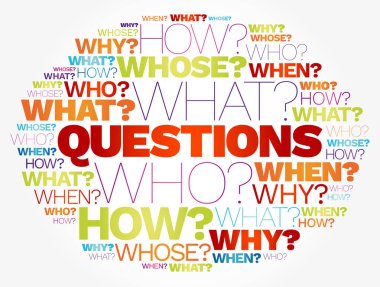 Questions whose answers are considered basic in information gathering or problem solving, word cloud background clipart svg vector 