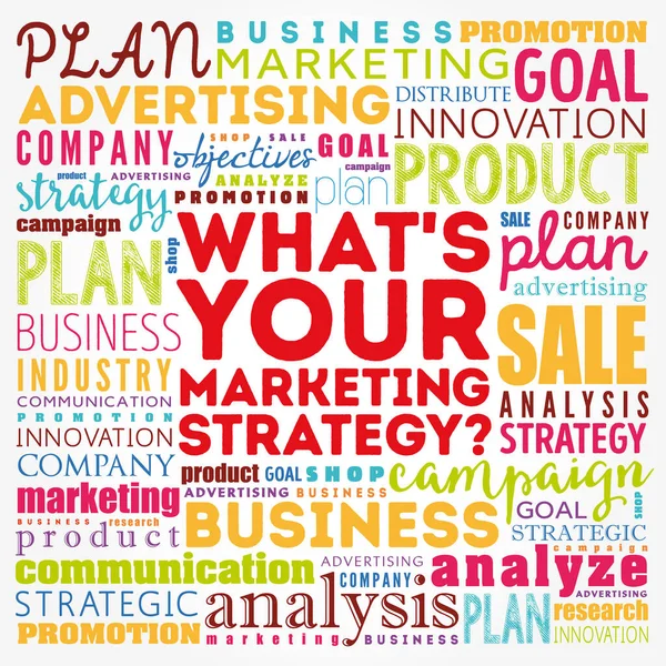 Qual Sua Estratégia Marketing Colagem Nuvem Palavra Fundo Conceito Negócio — Fotografia de Stock