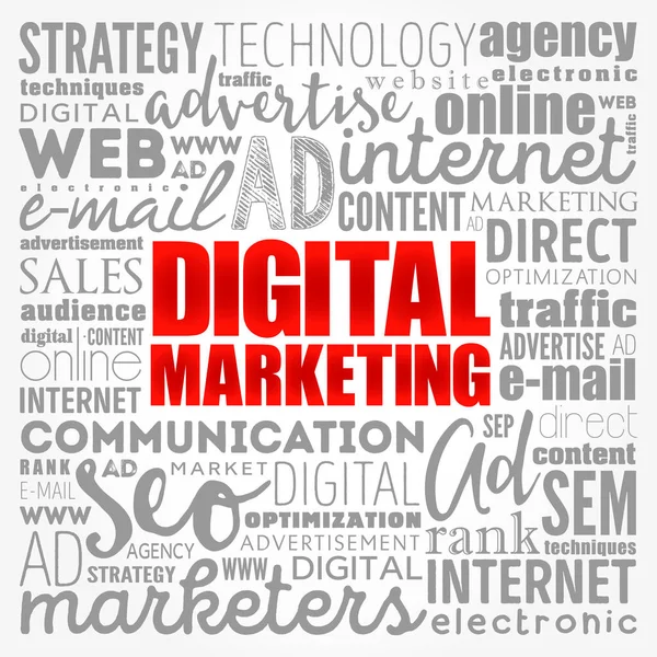 Dijital pazarlama kelimesi bulut kolajı, iş konsepti geçmişi
