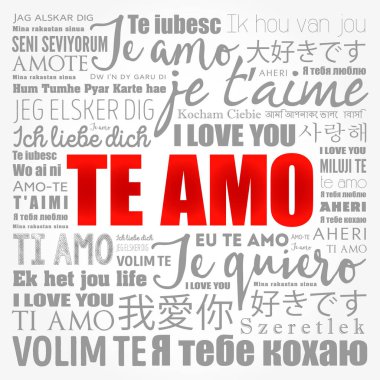Te amo (İspanyolca seni seviyorum) dünyanın farklı dillerinde, kelime bulut arka planı