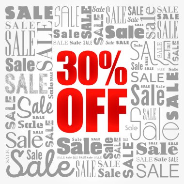 % 30 indirimli kelime bulut kolajı, iş konsepti geçmişi