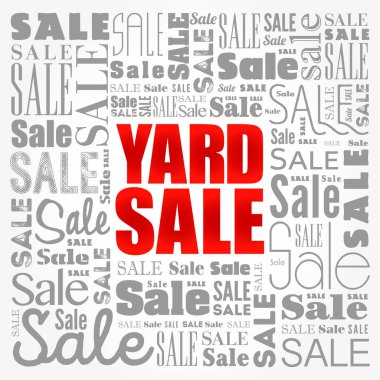 Avlu satışı kelime bulut kolajı, iş konsepti geçmişi