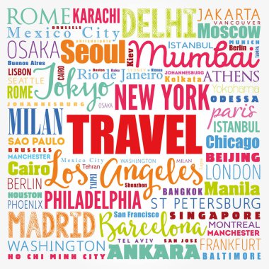 TRAVEL kelime bulut kavramı kelimelerle oluşturulan şehir isimleri, iş konsepti arka plan