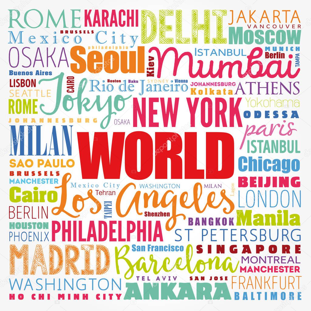 WORLD word cloud concept made with words cities names, business concept background