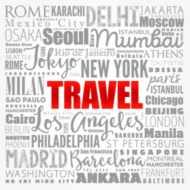 TRAVEL kelime bulut kavramı kelimelerle oluşturulan şehir isimleri, iş konsepti arka plan