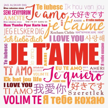 I Love You in French in different languages of the world, word cloud background