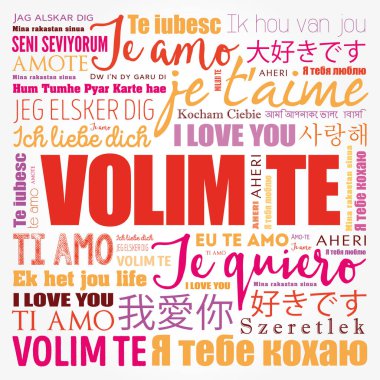 Volim te (I Love You in Croatian) dünyanın farklı dillerinde kelime bulutu