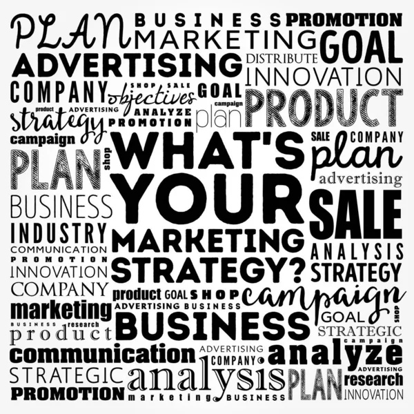 Qual Sua Estratégia Marketing Colagem Nuvem Palavra Fundo Conceito Negócio — Fotografia de Stock