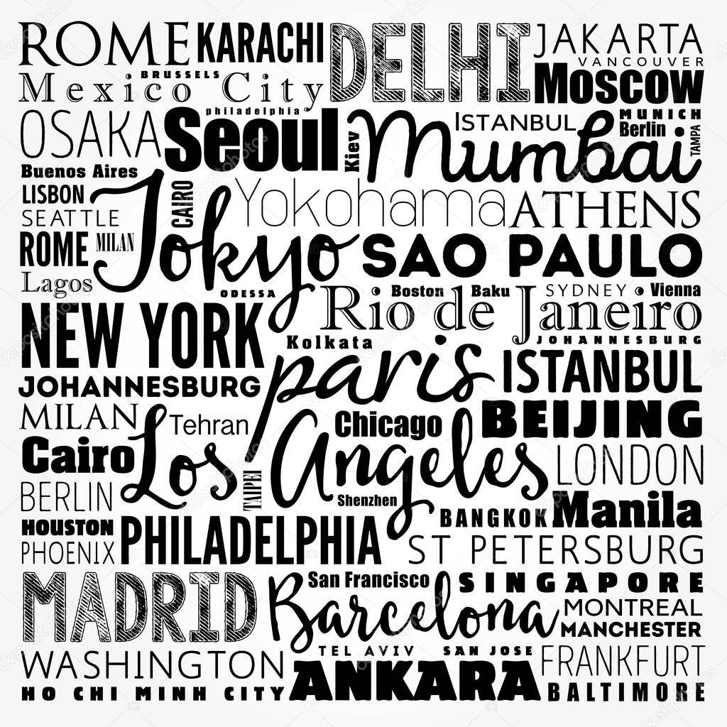 Cities of the world, travel destinations word cloud concept, business background