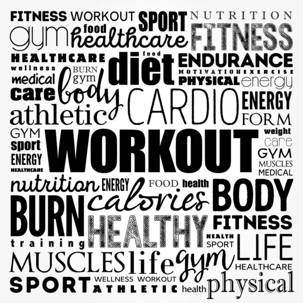 Workout Word Cloud Collage Fitness Gesundheitskonzept Hintergrund — Stockfoto