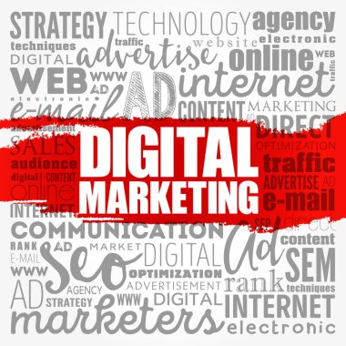 Dijital pazarlama kelimesi bulut kolajı, iş konsepti geçmişi