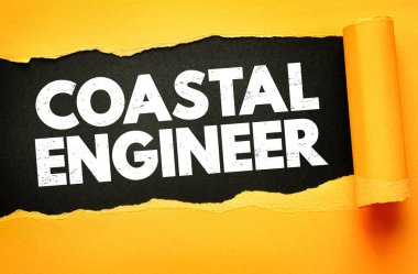 Kelime KOSTAL ENGINEER kalın sıkıntılı yazı tipi altında yırtık kağıt arkaplan ortaya çıktı. Kavramsal tasarım keşfi, mesleki rolü, deniz yapımını ve mühendislik yaratıcılığını sembolize eder.