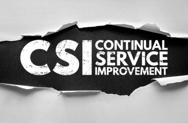 CSI Sürekli Hizmet Geliştirme kısaltma kavramı. İş kalitesi yönetimi kısaltması yırtık kağıt dokusuyla gösteriliyor. Süreç optimizasyonu ve organizasyonel mükemmellik fikri