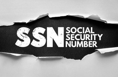 SSN Sosyal Güvenlik Numarası konsepti. Kalın bir kısaltma ve tam cümleyi içeren yırtık bir kağıt. Kimlik, hükümet, yardımlar, vergi, emeklilik, iş ve resmi belge teması