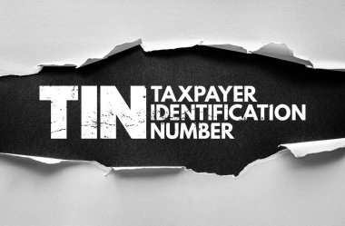 TIN Vergi mükelleflerinin kimlik numarası cümlesi. Keskin kısaltmalı ve tam cümleli yırtık kağıt. Hükümet, vergi, uyum, kayıt, finans ve kişisel kimlik kavramı