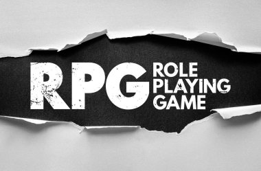 RPG Rol Yapma Oyunu metni yırtılan kağıdın arkasında sıkıntılı ve cesur bir stil. Oyun, fantezi, etkileşimli oyun, karakter oluşturma ve hikaye anlatma türünü temsil eden kavramsal illüstrasyon