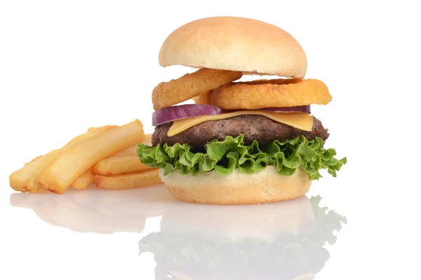 Hamburger Töltött Hagyma Gyűrű Saláta Sajt — Stock Fotó