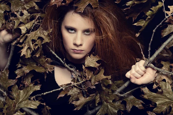 Evil Woman Looking Tree Branches — Stock Photo, Image