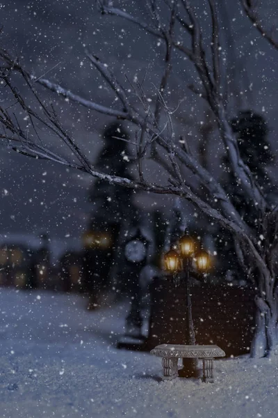 Winterszene Mit Steinbank Und Straßenlaternen — Stockfoto