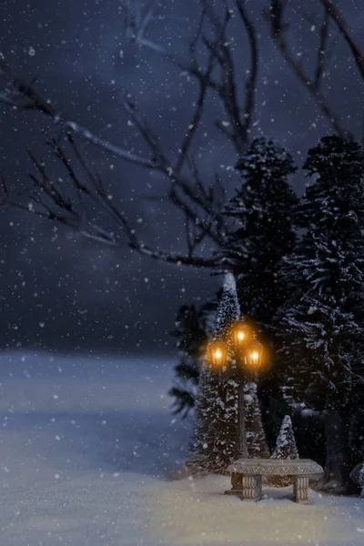 Scène Hiver Nocturne Avec Lampadaire — Photo