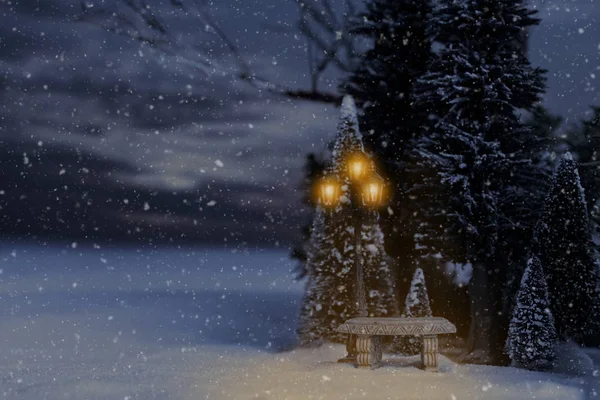 下雪的冬季景观与长凳和灯柱 — 图库照片