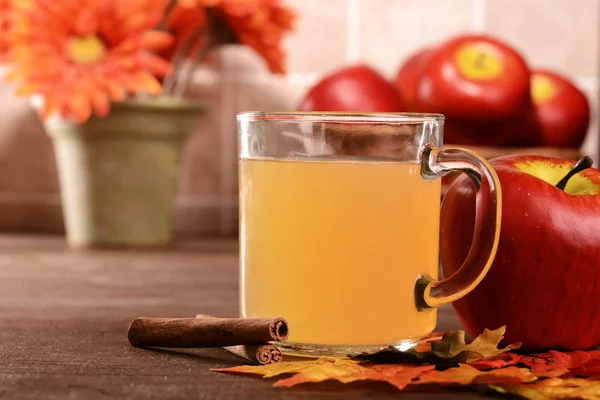 秋の葉入りアップル サイダーの熱いマグカップ — ストック写真