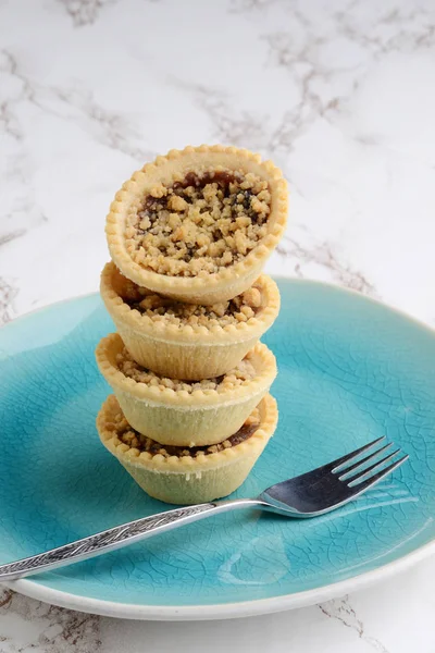 Closeup Stack Fruit Crumble Tarts Fork — Stock Photo, Image