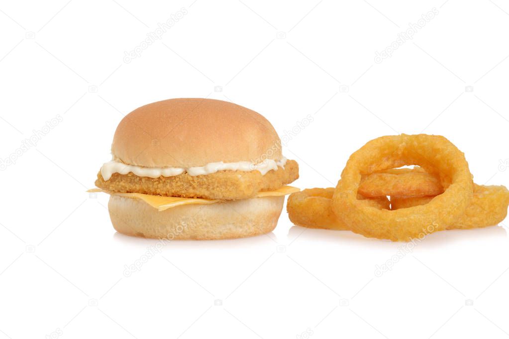 fillet fish sandwich with onion rings