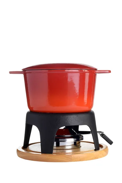 Isolado Vermelho Ferro Fundido Fondue Pot — Fotografia de Stock