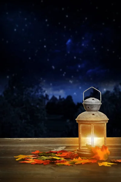 Autumn Lantern Wood Table Night — Stock Photo, Image