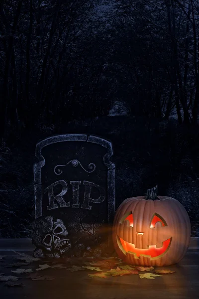 Abóbora Halloween Com Lápide Grave — Fotografia de Stock