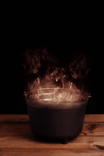 Smoking Halloween Cauldron Wood Table — Stock Photo, Image