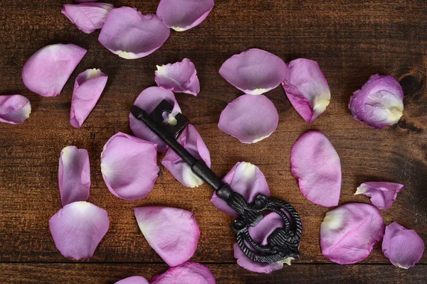 top view key with pink rose petals