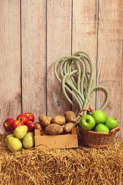 Peras Manzanas Patatas Paca Heno Con Cuerda — Foto de Stock