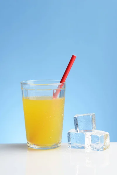 Glass Cold Orange Juice Straw — Stock Photo, Image