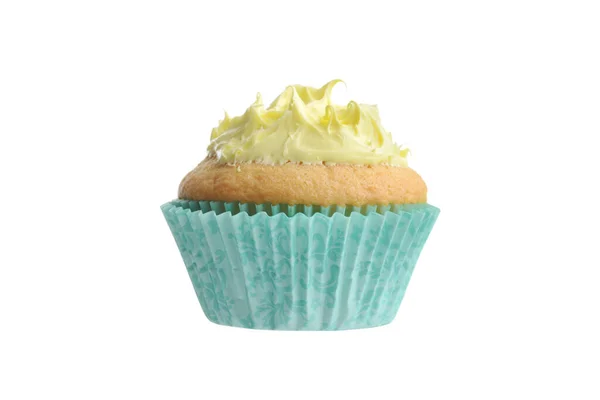 Cupcake Aislado Con Glaseado Amarillo Taza Papel Azul —  Fotos de Stock