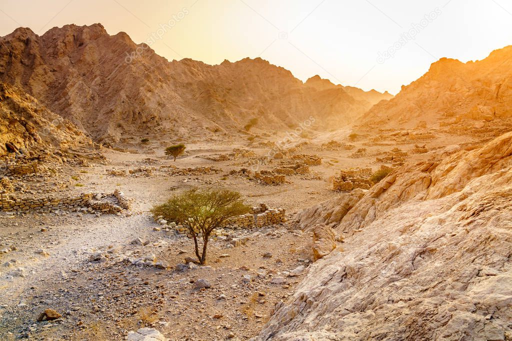 Ruins of an ancient village in mountains of Ras Al Khaimah, UAE.