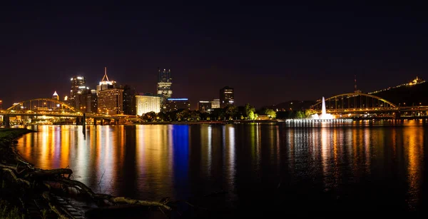 Panoramic nighttime view of Pittsburgh skyline from the confluence of Allegheny and Monongahela rivers
