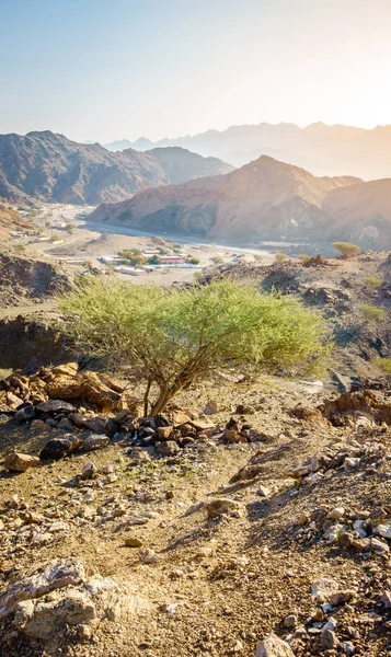 Fujeirah 阿联酋酋长国和山谷中的一个村庄的哈菲兹 哈吉尔山景观俯瞰 — 图库照片