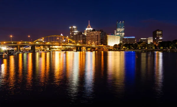 Nighttime view of Pittsburgh skyline from the confluence of Allegheny and Monongahela river