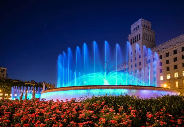 Éjszakai Kilátás Szökőkutak Plaza Catalunya Barcelona Spanyolország — Stock Fotó