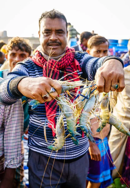 Chittagong Μπαγκλαντές Δεκεμβρίου 2017 Ψαράς Εκθέτει Γαρίδες Στην Ψαραγορά Κοντά — Φωτογραφία Αρχείου