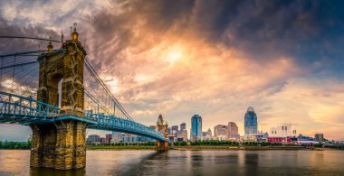 John A. Roebling Askı Köprüsü 'nün Ohio Nehri ve Cincinnati şehir merkezi üzerindeki panoramik görüntüsü