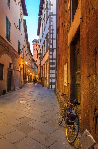 Una Calle Parte Histórica Lucca Italia Con Vistas Torre Guinigi — Foto de Stock