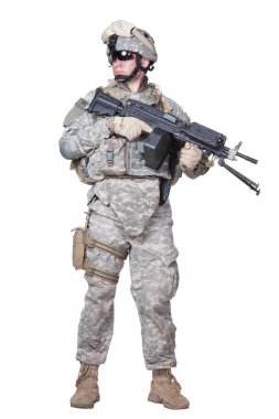 Full equipped US marine standing with machine gun clipart
