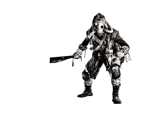 Post apocalyptic human threatening with cane knife