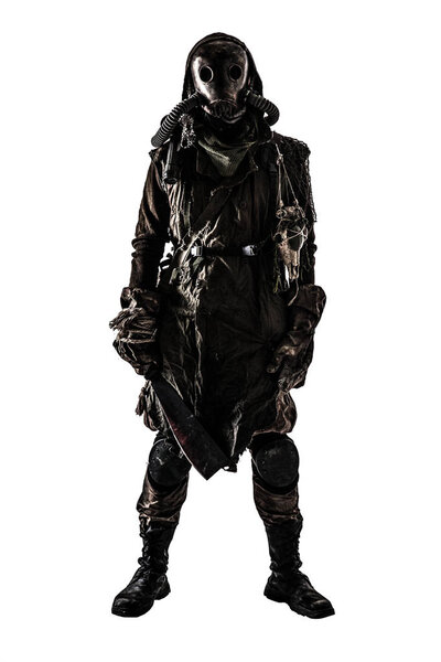 Post apocalyptic survivor in gas mask and rags