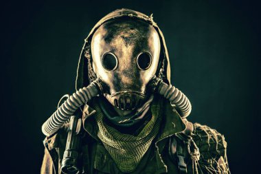 Portrait of post apocalyptic survivor in gas mask clipart